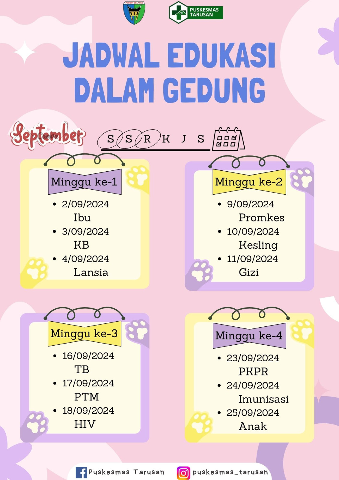 Jadwal Penyuluhan dalam Gedung Puskesmas Tarusan Bulan September 2024